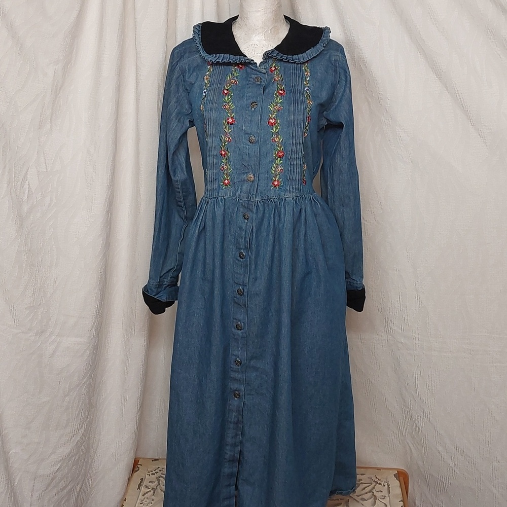 Rare Vintage 90s FADS Prairie Cottagecore Embroidered Denim Prairie Dream Dress - Picture 1 of 14